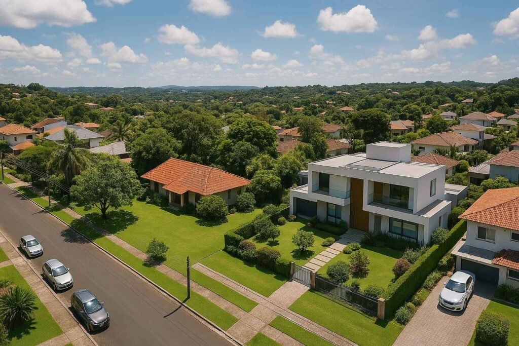 Imagem aérea de um bairro calmo, com jardins gramados e árvores verdes entre as casas, representando uma associação de condomínio