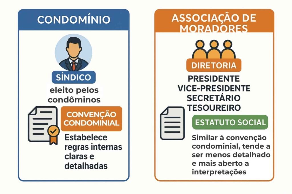 Infográfico mostrando os diferentes modelos de administração. À esquerda, o condomínio representado pelo síndico,e orientado por uma convenção condominial; do lado direito, a associação de moradores é administrada pela diretoria, composta de presidente, vice-presidente, secretário e tesoureiro, sob um estatuto social