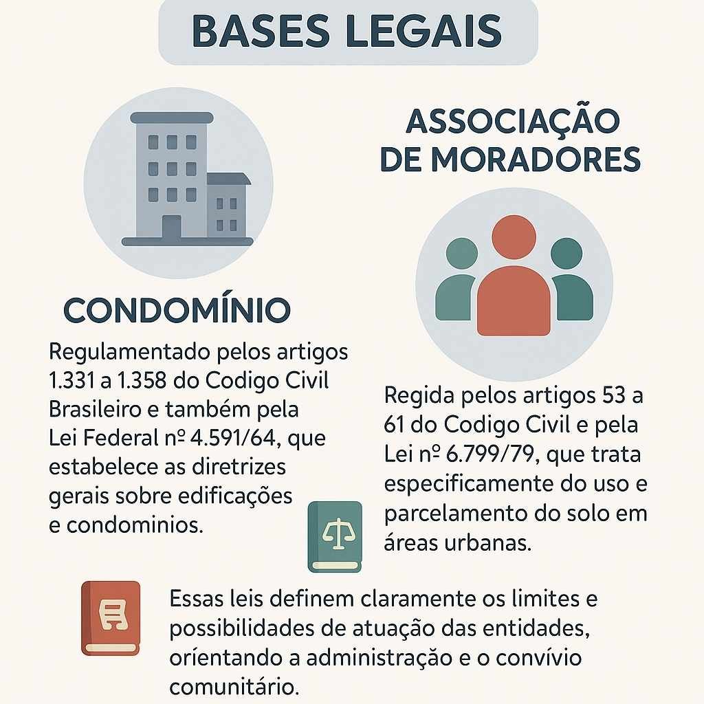 diferença entre condomínio e associação de moradores Uma diferença entre condomínio e associação de moradores é a base legal. Aqui é apresentado um infográfico demonstrando essa diferença