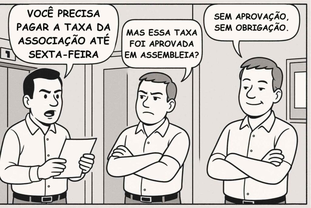 Tirinha mostra um representante da associação de moradores cobrando a taxa de associação de um associado, ao passo que este responde questionando se essa taxa foi aprovada em assembleia. Ao final, termina com a frase: "Sem aprovação, sem obrigação".