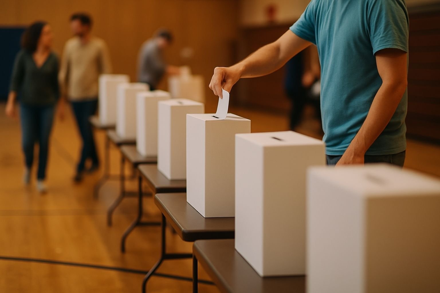 Pessoas votando em uma assembleia permanente: urnas alinhadas em um ginásio à disposição dos condôminos, para depositarem os seus votos