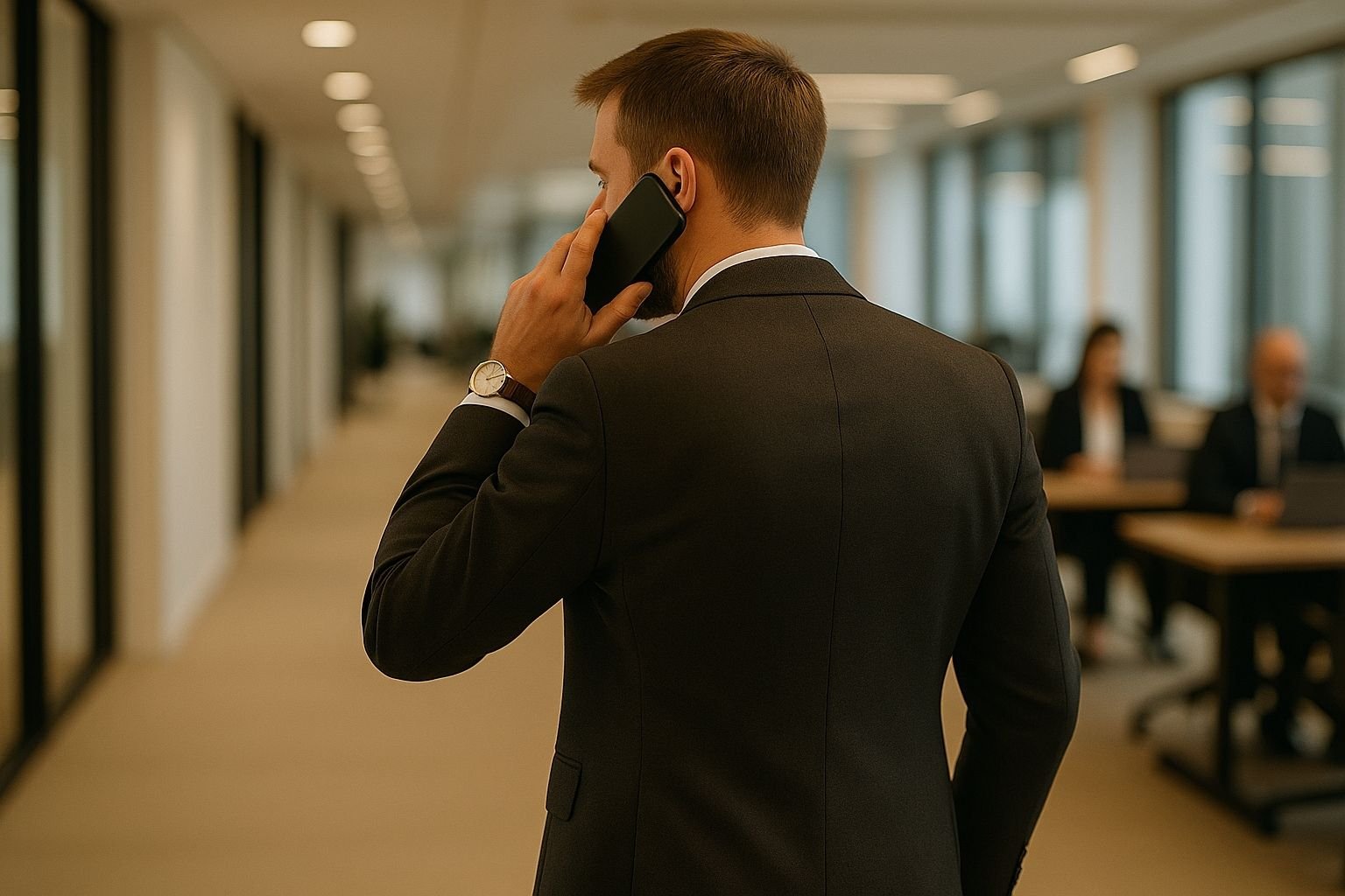 Na imagem, um advogado elegantemente vestido fala ao celular em um escritório de advocacia empresarial amplo e elegante. em segundo plano, desfocadas, algumas pessoas trabalham em suas mesas.