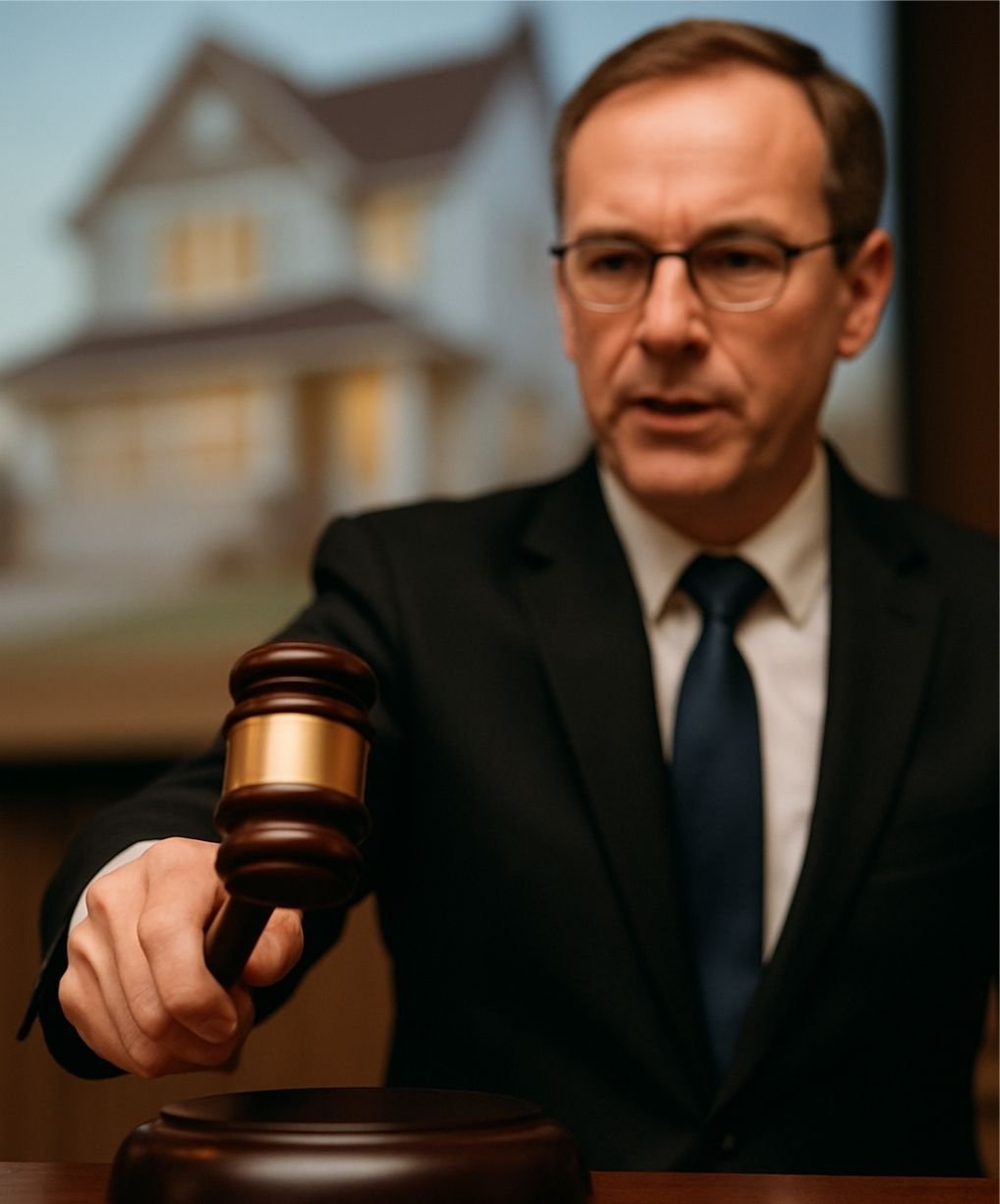 Na imagem, um leiloeiro batendo o martelo. Ao fundo, uma imagem de uma casa é projetada em uma tela. O advogado de defesa de leilão observa atentamente o ato.
