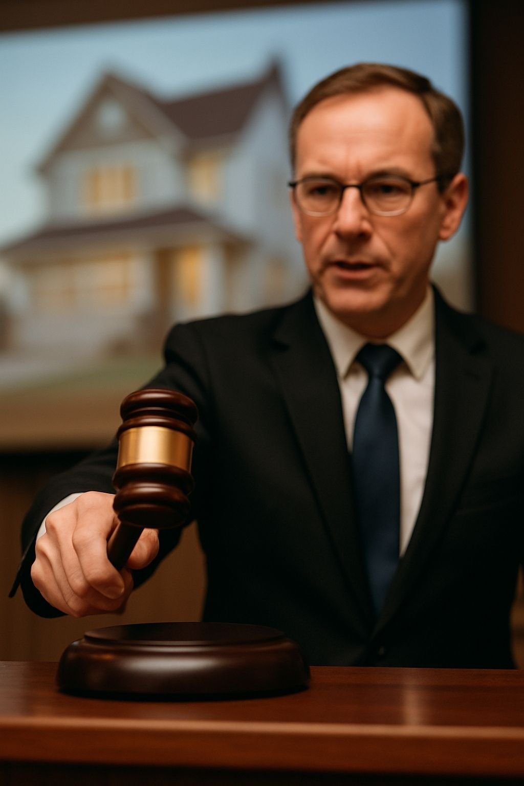 Na imagem, um leiloeiro batendo o martelo. Ao fundo, uma imagem de uma casa é projetada em uma tela. O advogado de defesa de leilão observa atentamente o ato.