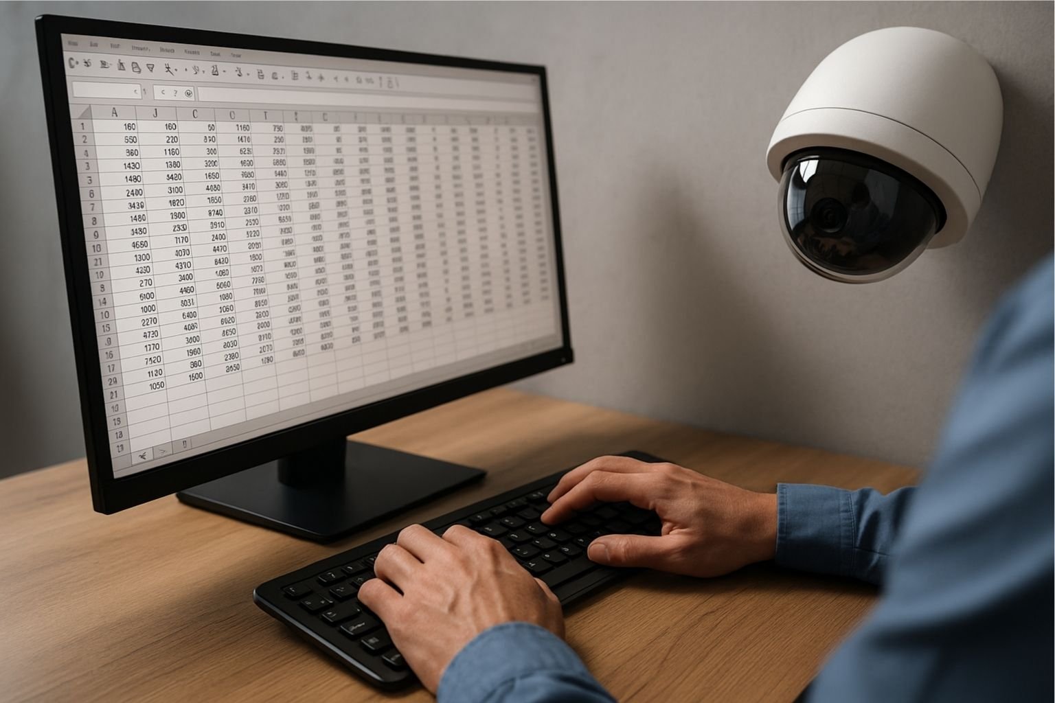 Pessoa digitando em planilha no computador sob vigilância de câmera, ilustrando questões de privacidade no trabalho.