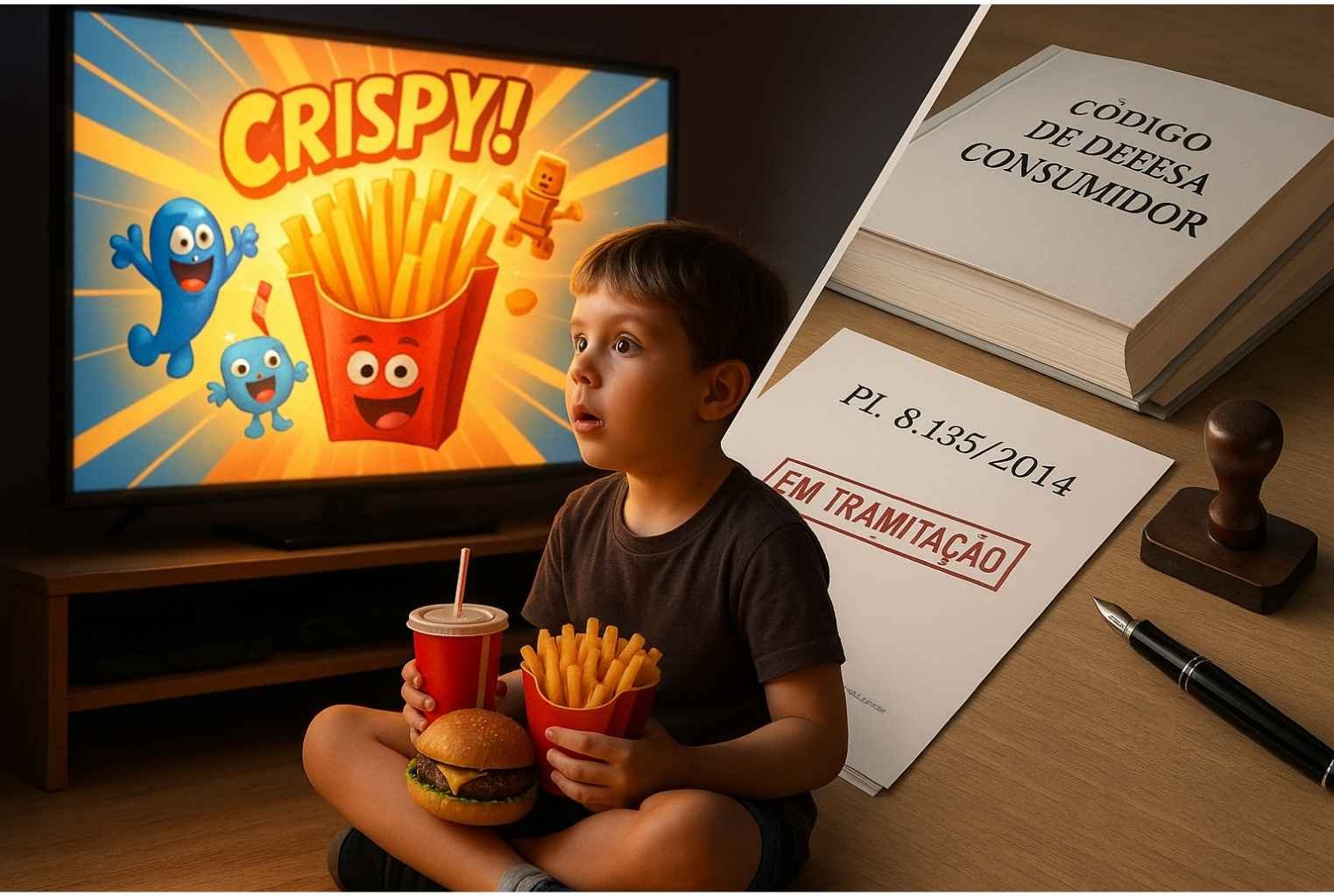 Criança segurando hambúrguer, batata frita e refrigerante, sentada diante de uma TV que exibe um comercial colorido de fast‑food com personagens animados; ao lado, sobre uma mesa, pilha de documentos jurídicos com o Código de Defesa do Consumidor aberto, folha marcada “PL 8.135/2014” e carimbo “EM TRAMITAÇÃO”, ilustrando o contraste entre a publicidade de fast food e a regulamentação proposta.