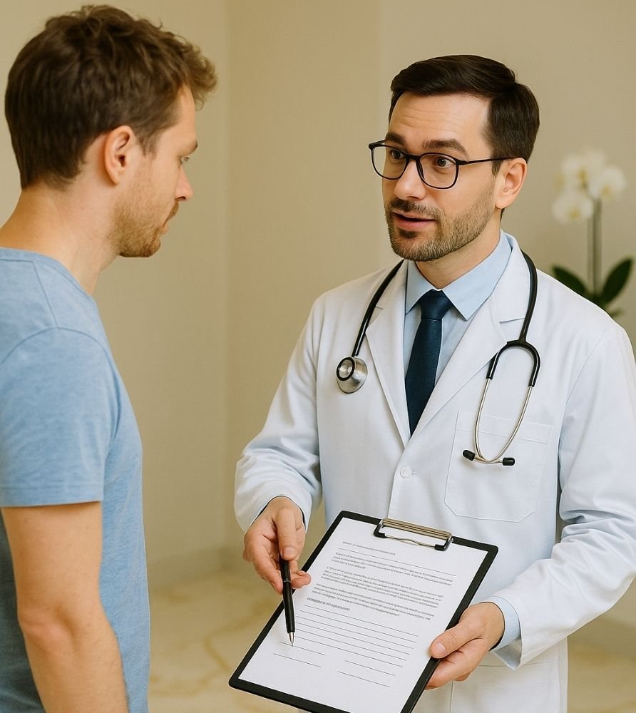 Na imagem, um médico apresentando o TCLE ao paciente, de forma a garantir que este tenha todas as informações necessárias e evitar responsabilização por eventual iatrogenia